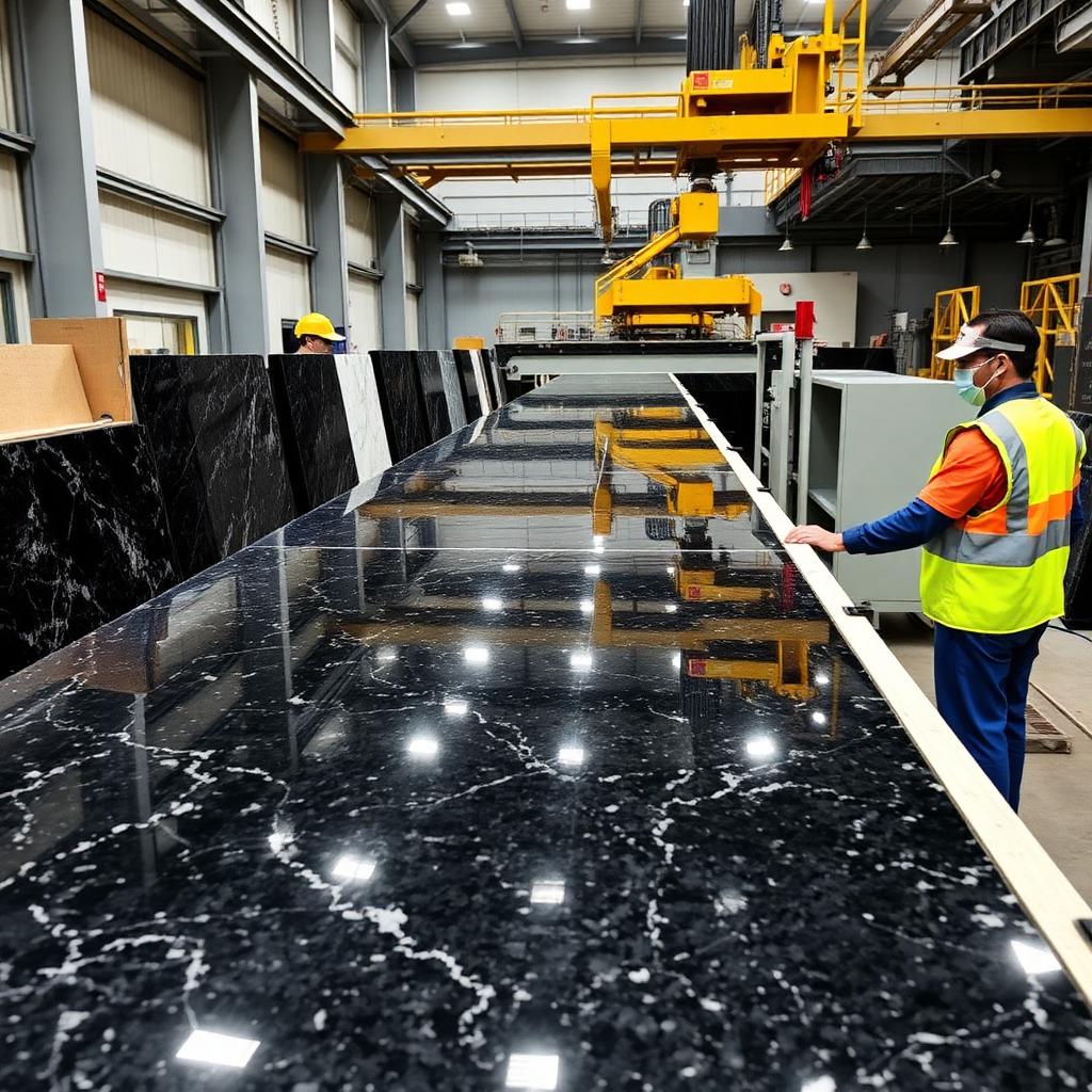 Polishing line buffing black granite slabs to a mirror finish